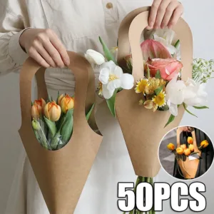 50PCSFashion Florist Rose Box Kraft Paper Wedding Handheld Decorative Flowers Boxes Birthday Party Packaging Gift Bag Decoration