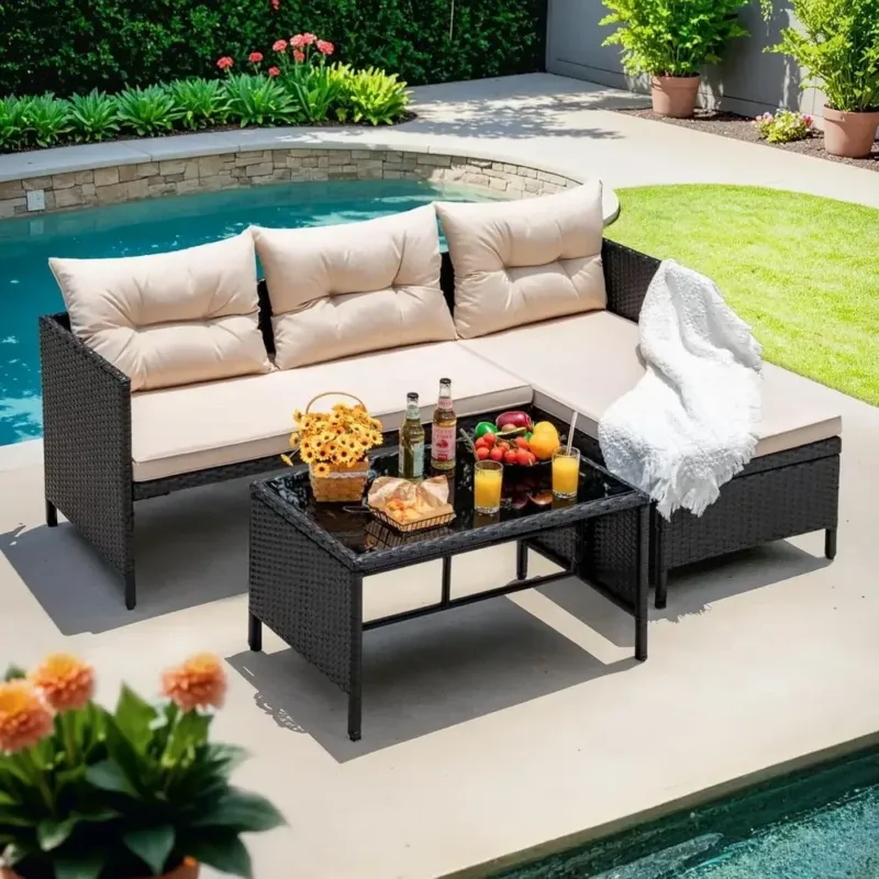 3-Piece All-Weather L-Shaped Rattan Patio Sofa Set with Cushions and Glass Table, Suitable for Garden or Balcony (Beige)