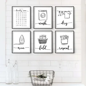 Minimalist Black and White Stick Figure Wall Posters and Prints Canvas Painting Unframed Pictures for Laundry and Washroom Decor
