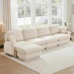 137 Inch L-Shaped Sectional Sofa with Movable Ottoman, Cream Beige | Premium chenille fabric, modular design for custom, Custom