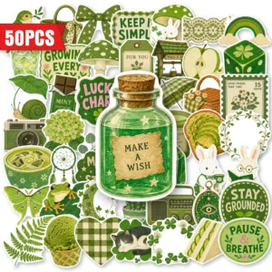 50 PCS Ins Fresh Retro Green Mix Match Hand Account Material Stickers Decorate Scrapbook Laptop Waterproof Decals