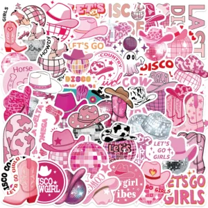 50PCS Pink Disco Cowgirl Sticker Pack Bookish Stickers for Notebook Luggage Skateboard Decoration Graffiti Decals Cool Sticker
