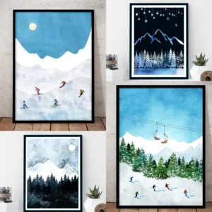 Retro Mountain Print Ornamental Snowy Wall Art Pictures Snowberg Group Ski Canvas Poster Kids Bedroom Home Decor