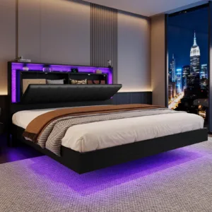 Queen Size Floating LED Bed Frame, Modern Bed with Storage, Black