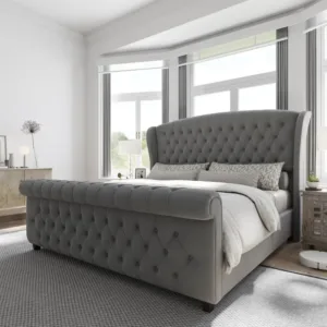 AMERLIFE King Size Platform Bed Frame, Velvet Upholstered Sleigh Bed with Scroll Wingback Headboard & Footboard/Button Tufted/No