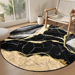 Black Gold Marble Vein Round Rug Luxe Abstract Design for Modern Luxury Space