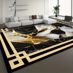 Luxury Black and Gold Marble Area Rug, Modern Geometric Greek Key Border Floor Mat, Abstract Elegant Carpet for Living Room