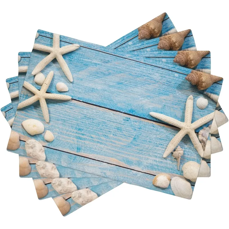 4/6pcs Summer Beach Placemats Set Suitable for Kitchen Vanity, Beach Theme Seashells and Starfish Blue Country Tablecloth Perfec
