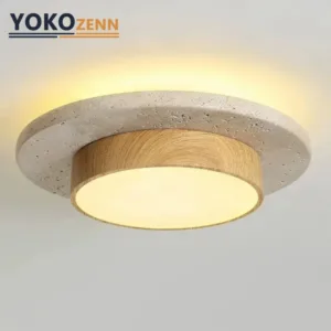 YOKO Wabi-Sabi Cave Stone Round Ceiling Lights, Yellow Travertine Ceiling Lamp for Balcony Corridors Livingroom Indoor Lights