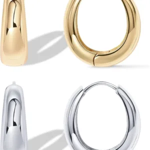 14K Gold Plated Sterling Silver Post Small Chunky Hoops Earrings | Thick Lightweight Gold Hoop Earrings for Women Retro style