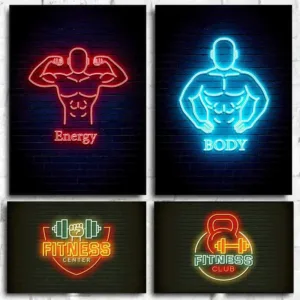 Modern Fitness Body Motivation Neon Design Canvas Posters GYM Body Pop Wall Art Simply Fitness Power Print Art GYM Decor Mural