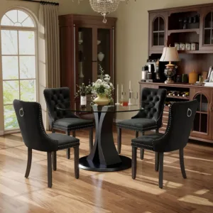 5-Piece Dining Table Set with 39In Tempered Glass Table and 4 Velvet Upholstered Chairs, Modern Scandinavian Furniture, Custom