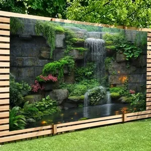 Stone Waterfall Mossy Rocks Garden Tapestry Zen Meditation Space Outdoor Patio Decor Tranquil Flowing Water Natural StoneTexture