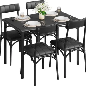 Space-Saving 5 Piece Dining Table Set for 4 – Rectangular Metal & Wood Table with 4 Upholstered Chairs – Compact Kitchen & Dining Room Solution