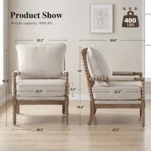 DUHOME Linen Fabric Spindle Accent Chairs Set of 2,Spool Chairs with High Resilience Spring Cushion and Armrest Pads, Leisure