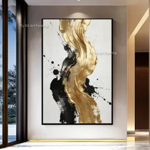 Golden Yellow And Black Simple Canvas Oil Painting Hand Painted Original Design Artwork White Gold Foil Wall Art Decor For Room