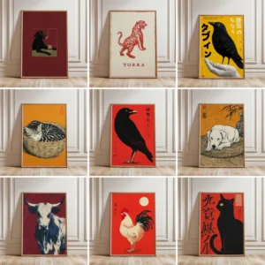 Vintage Japanese Animal Posters Tiger Cat Fish Cow Crow Poster Picture Canvas Print Painting Room Wall Decor Home Mural Cuadros