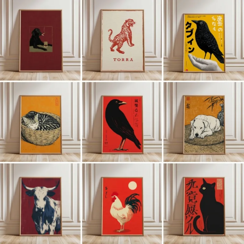 Vintage Japanese Animal Posters Tiger Cat Fish Cow Crow Poster Picture Canvas Print Painting Room Wall Decor Home Mural Cuadros