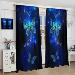 Blue Butterfly Curtains,Glowing Butterflies Black Background Thermal Insulated Curtains for Bedroom Living Room Window Drapes