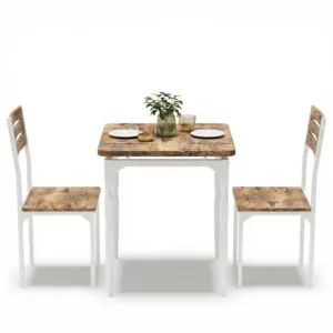 3-Piece Dining Table Set for 2, Farmhouse Style with Spiral Metal Legs, Space-Saving Kitchen Apartment Set, White and Brown