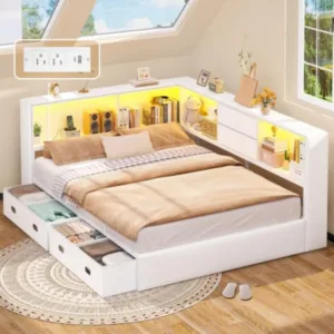 White Corner Bed Frame Full Size with 6 Storage Drawers & Bookcase Storage | RGB Lights, Upholstered Daybed Full Size