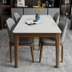 #Modern Golden Metal Rectangular Dining Table Set 6-Person Sintered Stone Extendable Chair Combination For Home Furniture
