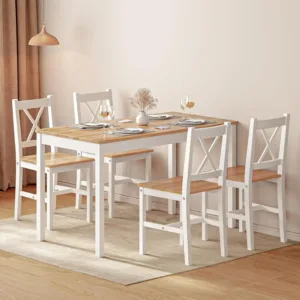 y SogesPower 4-Person Dining Table Set 5 Pieces, Wood Kitchen Table Set with 4 Chairs for Kitchen Dining Room Restaurant, White&