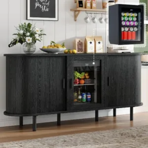 70" Coffee Bar Cabinet with Fridge, Sideboard, Adjustable Shelves, Tambour Doors, Black