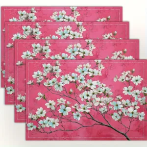 4pcs Dogwood Blossom Placemats Spring Floral Print Pink Background Washable Polyester Table Mats for Dining Kitchen Home Decor