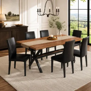 71" Farmhouse Dining Table Set for 6, 7 Piece Rectangular Kitchen Table and Chairs Set, Walnut Wood Grain Dining Room, Custom