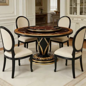 !@Customized Dining Furniture Ebony Veneer Solid Wood Round Dining Table Luxury Black Round Dinner Table With Turntable