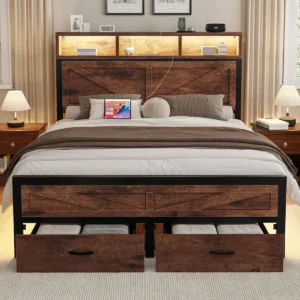 Rustic King Size Bed Frame with Storage Drawers, Farmhouse LED King Bed Frame with Barn Door Headboard and Charging, Customized