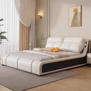 Italian Minimalist Genuine Leather Beds Modern Minimalist High-End Hotel Double Bed with Storage Design Bedroom Furniture FYBB