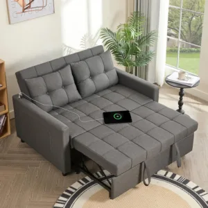 52" 3-in-1 Convertible Sleeper Sofa Bed, Linen, Dark Gray | Pull-Out Bed, Stepless Adjustable Backrest, Side Pocket,, Custom