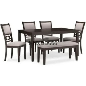 Langwest Dining Table and 4 Chairs and Bench, Set of 6, 60" W x 36" D x 30" H, Dark Brown & Beige