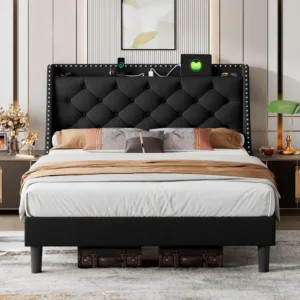 Queen Bed Frame with 16 Comfort Wingback & Charging Station, Upholstered Platform Bed with Button Tufted Storage Headboard,
