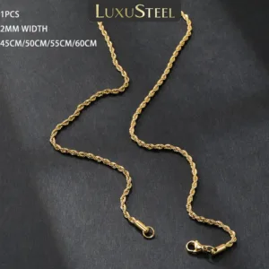LUXUSTEEL 1pcs 2mm Width Stainless Steel Rope Chains Necklaces Pendants Women Men 18K Golden Plated No Fade Collars DIY Party