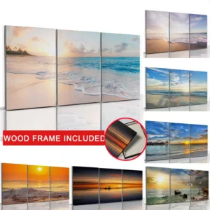 3pcs Framed Seaside Scenery Wall Art Canvas Painting Nordic Beach Sunset Print Poster Modern Living Room Home Decor Mural
