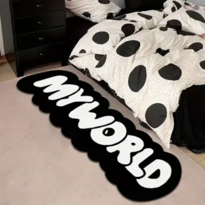 VIKAMA Ins Creative Black & White Letter Print Runner Rug, For Bedroom Bedside, Sofa, Corridor Non-Slip, Water-Absorbing Carpet