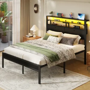 JHK Metal Platform Bed Frame with Storage LED Lights 3-Tier Headboard Shelves with 2 Headboard Drawers and Charging Station Slat Support No Box Spring Needed Easy Assembly Eco-Friendly For Living Room