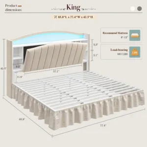 King Bed Frame,Bookcase Headboard,LED & Charging Station,14" Under Bed Storage,Bed Skirt,Bedroom, Custom