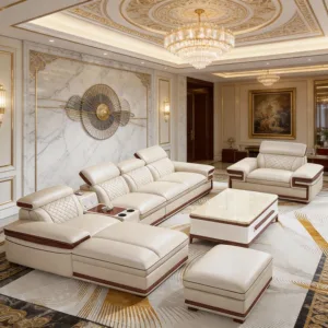 Italian Genuine Leather Sofa Set with Reclining Chaise Lounge, Modern Luxury Living Room Couch with Cup Holders, Beige & Brown