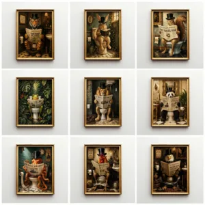 Fun Posters of Dapper Animals in Hats: A Panda Reading The Newspaper and A Cute Panda Sitting on The Toilet –Bathroom Wall Decor