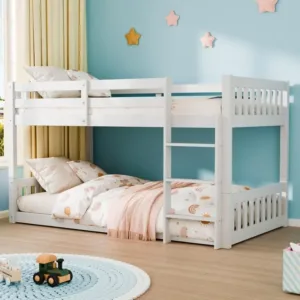 JOYMOR Solid Wood Low Twin Over Twin Bunk Bed Bunk Bed Frame with Guardrails & Ladder