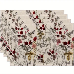 4pcs Linen Placemats Floral & Butterfly Design 12x18 Inch, Hand Wash Only Kitchen Dining Table Decor, Elegant Botanical Print