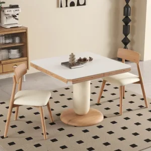 ##Modern Extendable Dining Furniture Set White Dining Table & Beige Cushioned Wood Chairs, Ideal for Scandinavian Decor