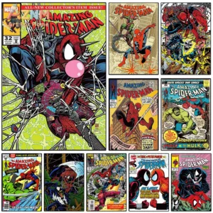 AZNM Vintage Spider‑Man Classic Comic Page Collage Frameless Canvas Wall Art Retro Marvel Superhero Comic‑Strip Print Poster F