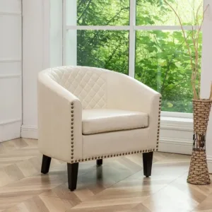 KINWELL Modern Faux Vegan Leather Barrel Chair, PU Upholstered Tufted Accent Club Chairs with Nailhead Trim, Small Armchair