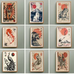 Retro-style Japanese Poster Featuring Cats, Koi Fish, and Peacocks—suitable for Living Room Decor Cuadros