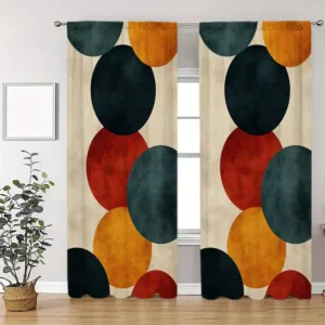 2Pcs Retro colored circle print curtains,suitable for bedroom,living room kitchen decoration,home decoration,window decoration